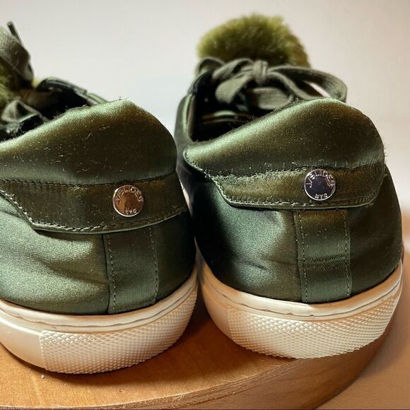 JSlides Olive green satiny Pom Pom slip ons - Picture 8 of 11